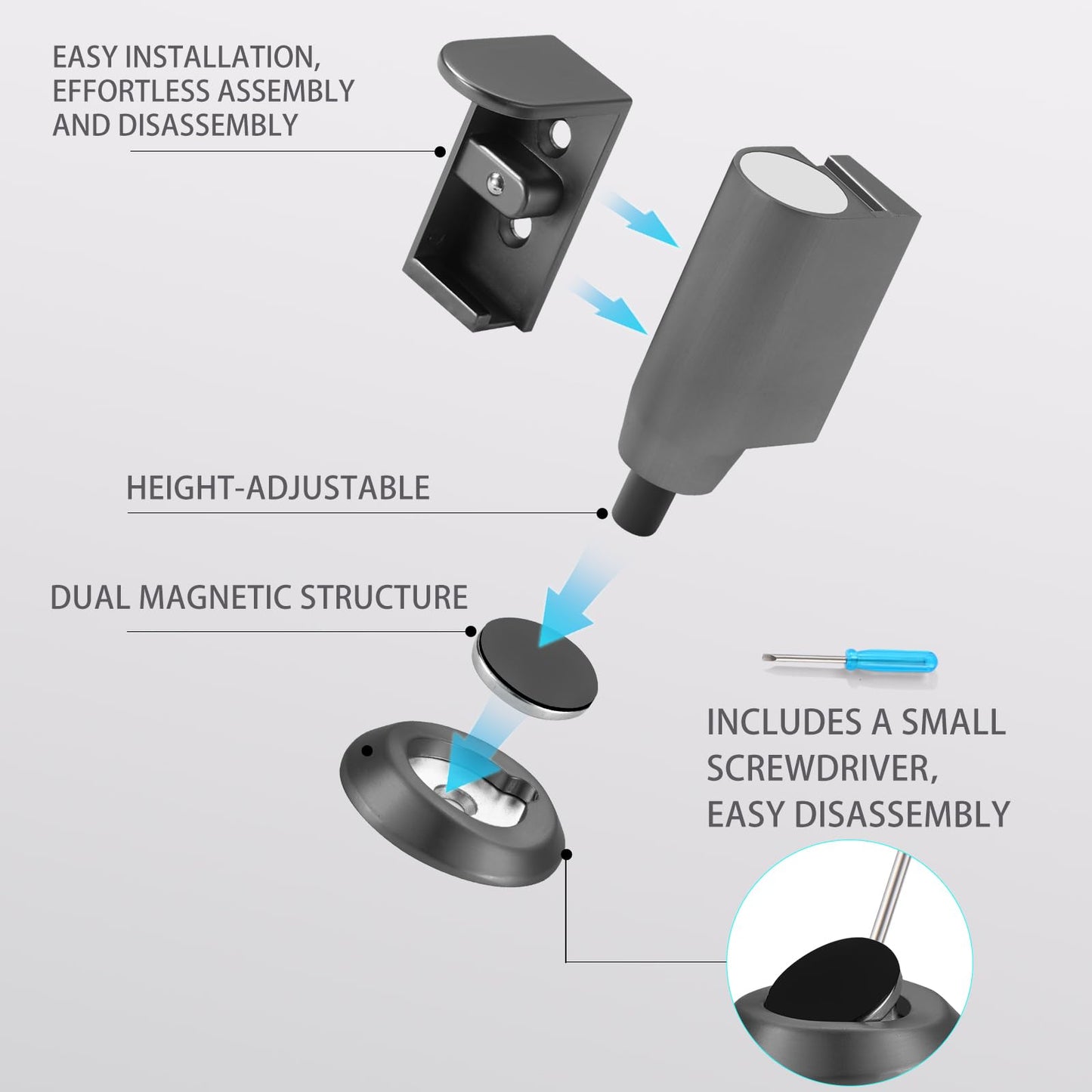 VACNEA Strong Magnetic Windproof Door Stopper Heavy Duty Doorstops Wall&Wallpaper Protect Height Adjustable Door-Holder No Drilling Keep Door Open with Screws and Adhesive Pads, 1 Pack, Black