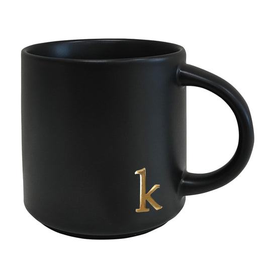 COLLECTIVE HOME - Black Monogram Ceramic Mugs, 15 oz Golden Initial Coffee Cups, Elegant Alphabet Tea Mugs, Personalized Halloween Mug with Gift Box, Perfect for Office and Home Décor (k)