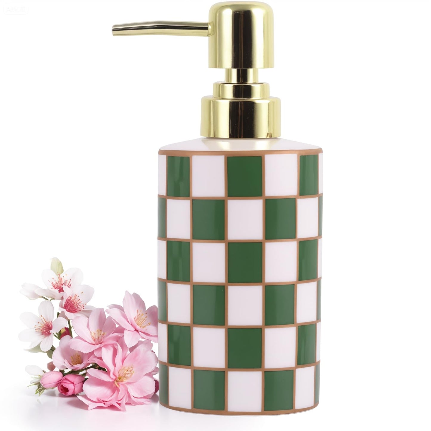 Checkered Bathroom Soap Dispenser,Gold Pump Ceramic Soap Dispenser,Kitchen Checkerboard Empty Pump Bottle,Bath Countertop Storage Organizer,Checkered Bathroom Decor (Green)