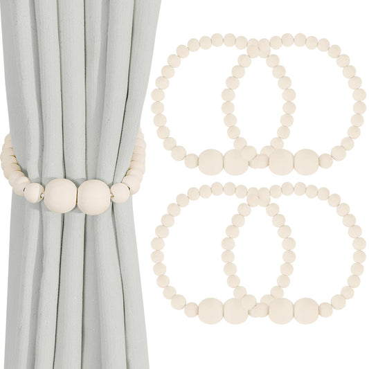 KLOGTSIND Magnetic Curtain Tiebacks, 4 Pack Curtain Holdbacks for Draperies, Wood Bead Curtain Tiebacks, Elegant Curtain Tie Backs for Bedroom Decor, Boho Room Decor, Nursery Decor, Farmhouse Decor