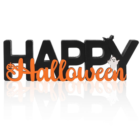 COCHIE Wooden Happy Halloween Sign, Ghost Decorations for Home, Office, Shelf, Mantel, Indoor, Wood J-o-lantern Pumpkin Decor, Black Orange Spooky Table Top Party Decoration (Happy Halloween)