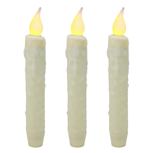 CVHOMEDECO. Real Wax Hand Dipped Battery Operated LED Timer Taper Candles Country Primitive Flameless Lights Décor, 6-3/4 Inch, Ivory, 3 PCS in a Package