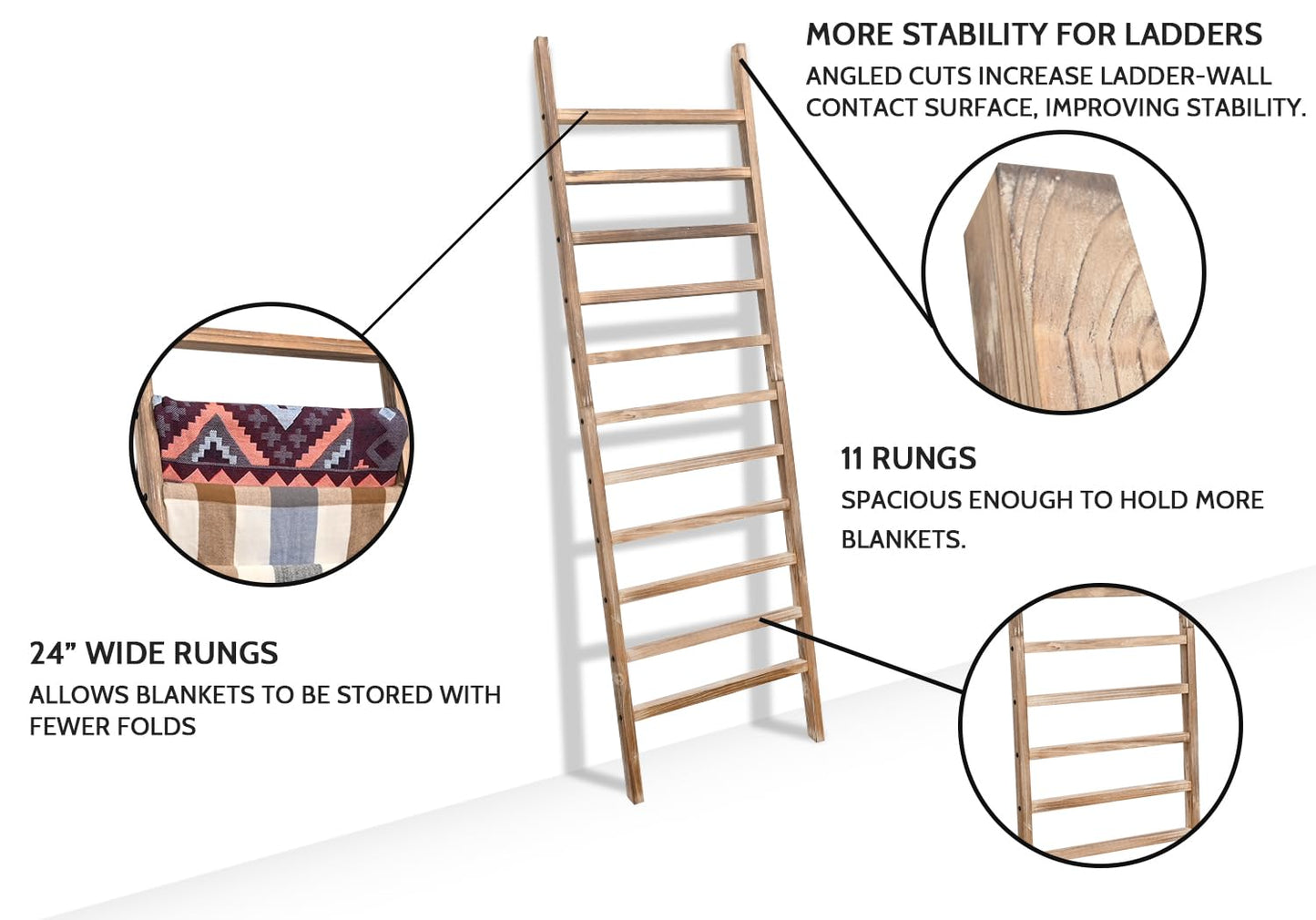 FUIN 6.4ft Extra Wide Wooden Blanket Ladder Living Room Decorative Wal Leaning Farmhouse Quilt Display Holder Rustic Wood Towel Rack for Bathroom, Burnt Brown, 24 inch Wide with 11 Rungs