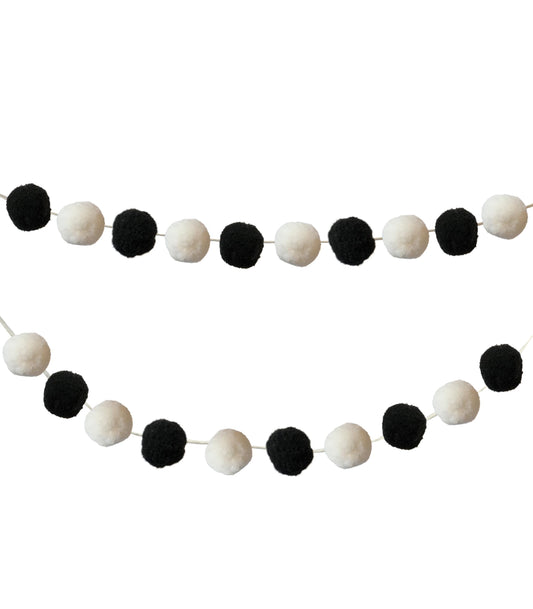 Carson Dellosa Education Garland 2 Piece Set, 12" Black and White Felt Pom Ball Banners on White String for Party, Classroom Decor, Bulletin Board, and Room Decoration