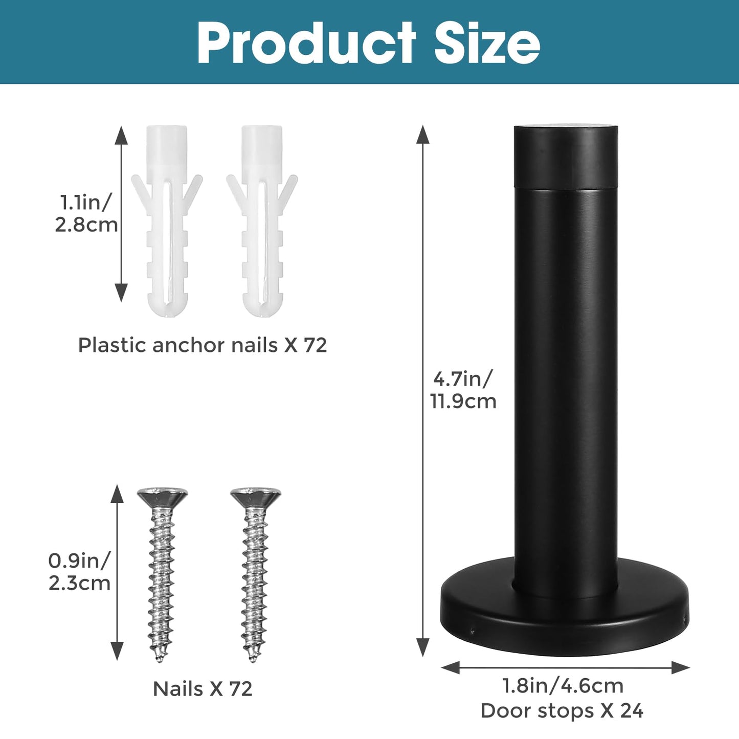 24Pcs Door Stopper, 3.5 Inch Heavy Duty 304 Stainless Steel Door Stop with Rubber Tip, Wall Mounted Door Stopper for Wall Protection, Sound Dampening, Matte Black
