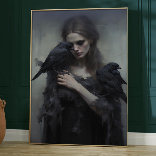 Gothic Crow Wall Art Vintage Witch Pictures Dark Academia Victorian Prints Black Crow Posters for Living Room Decor Witchy Painting 16x24inch No Frame