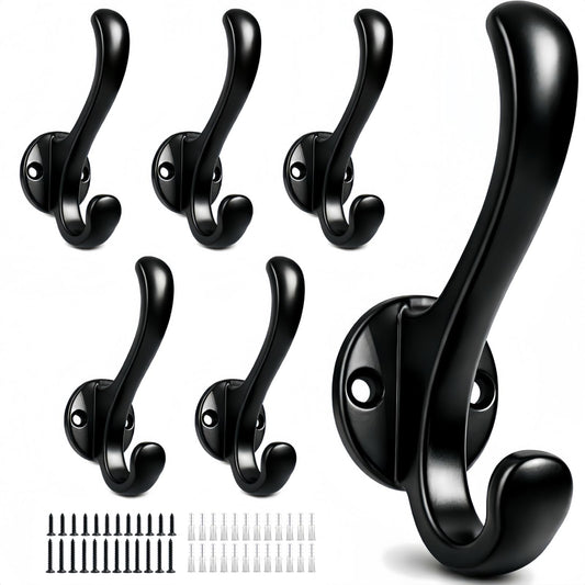 Sprinello 6 Pack Coat Hooks Wall Mount, Heavy Duty Wall Hooks for Hanging Coats, Towel, Hat and Robe, Black Metal Wall Hooks for Bathroom, Entryway, Bedroom
