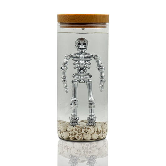DarkMemento Skeleton Water Lamp – Spooky Horror Skeleton in Jar with Skulls, Creepy Halloween Decoration, Scary Horror Decor for Home, Party, or Collector Gift (Silver)