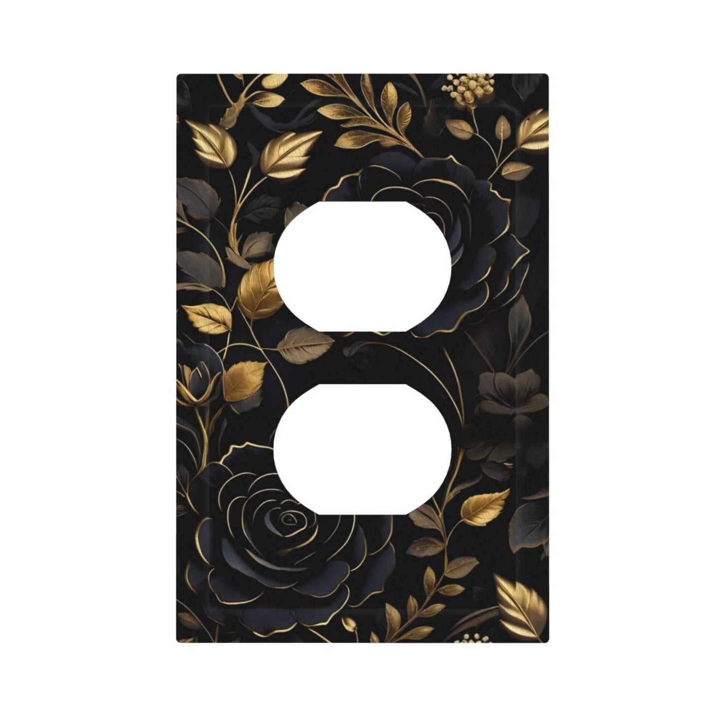 WMHUSU Decorative Outlet Covers Art Big Black Flowers Golden Leaves 1 Gang Wall Plate Receptacle Duplex Light Switch Cover Plate Single Dual Plug Covers Electrical Switchplate Faceplate (2 Pack)