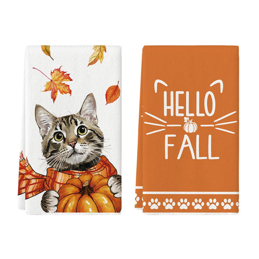 Artoid Mode Cat Pumpkin Hello Fall Kitchen Towels Dish Towels, 18x26 Inch Farmhouse Thanksgiving Scarf Maple Leaves Decoration Hand Towels Set of 2