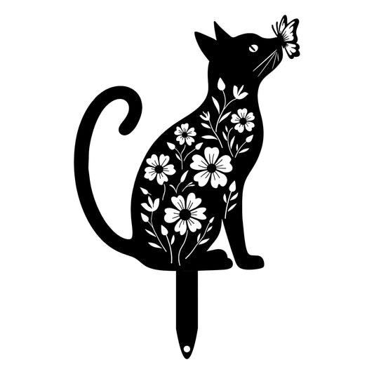 Aucizb Metal Cat Garden Stake - Floral Butterfly Black Silhouette Statue Yard Decor Outdoor Cat Patio Art for Yard, Flower Bed, Lawn, Cabin, Farmhouse Pet Lover Unique Gift (Black)