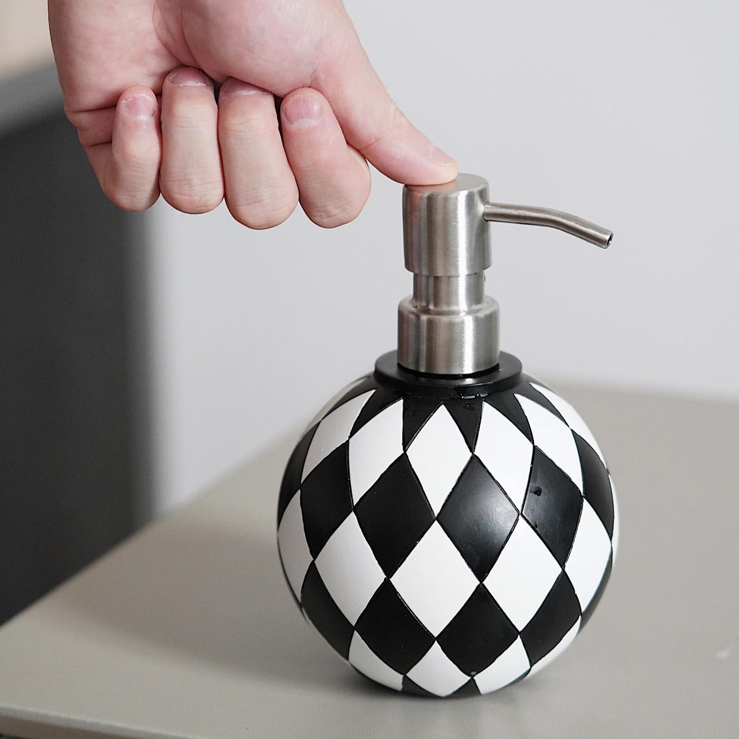Black and White Soap Dispenser with Rust Proof Pump, Refillable Liquid Hand Lotion Bottle for Bathroom, Bedroom and Kitchen 16oz,Checkerboard Decor