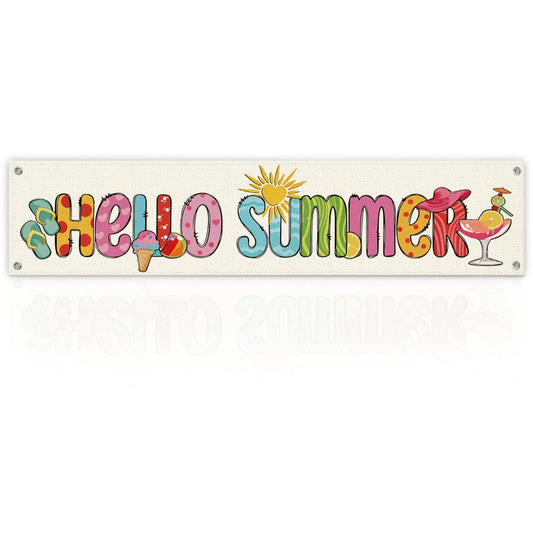Summer Porch Banner Decor, Hello Summer Fun Wall Hanging with Ice Cream Beach Cocktail Design, Seasonal Entryway Doorway Hallway Home Accent 48x9 Inches