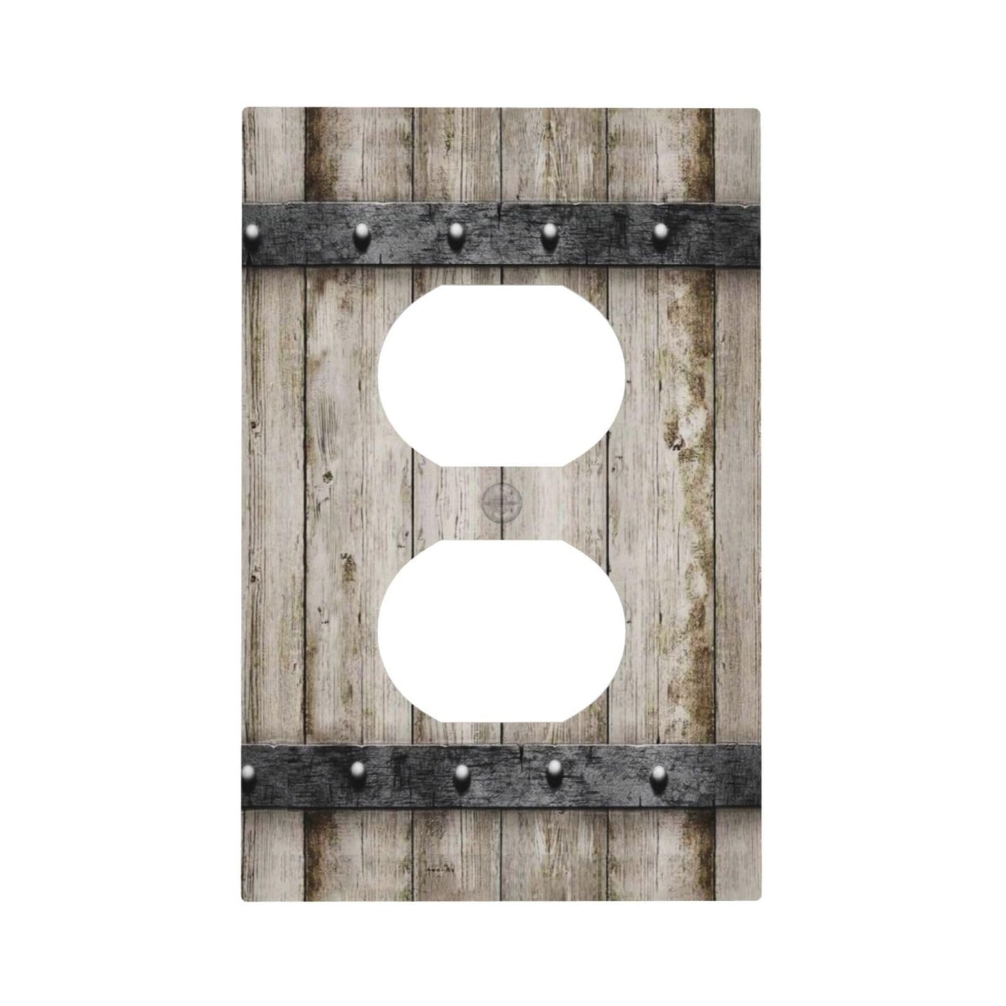 1 Gang Single Duplex Receptacle Outlet Cover Western Barn Rustic Cabin Vintage Brown Wooden Wood Retro Metal Texture Electrical Wall Plate One Gang Dual Device Light Switch Faceplate Socket Plug Cover