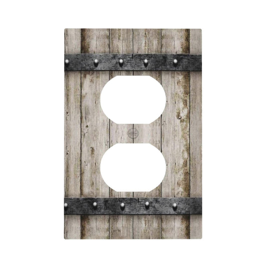 1 Gang Single Duplex Receptacle Outlet Cover Western Barn Rustic Cabin Vintage Brown Wooden Wood Retro Metal Texture Electrical Wall Plate One Gang Dual Device Light Switch Faceplate Socket Plug Cover