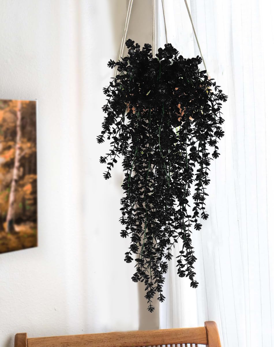 SJL Black Hanging Flowers Fake Hanging Plants Artificial Black Faux Flowers Outdoor Plastic Faux Ivy Plants UV Resistant Fake Eucalyptus Vine for Halloween Indoor Witchy Home Party Gothic Decor 4Pcs