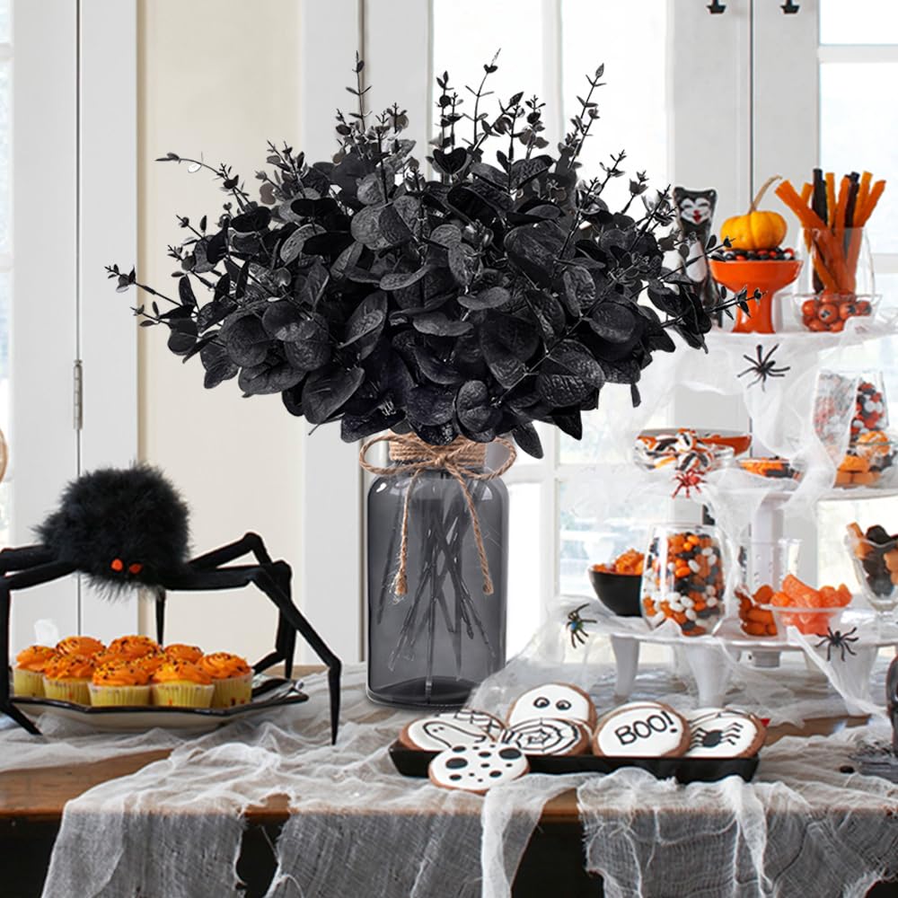 DIYDEC 12Pcs Black Artificial Flowers with Glass Vase 2 Styles Black Eucalyptus Stems for Halloween Outdoor Indoor Decoration Fake Eucalyptus Stems Branches for Party Home Table Centerpieces Decor