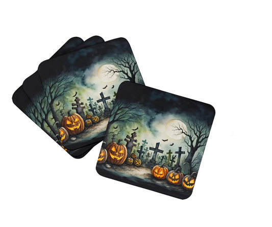 Caroline's Treasures Graveyard Spooky Halloween Foam Coaster Set of 4 Cup Coasters for Indoor and Outdoor, Coaster for Tabletop Protection, Anti Slip, Mouse pad Material