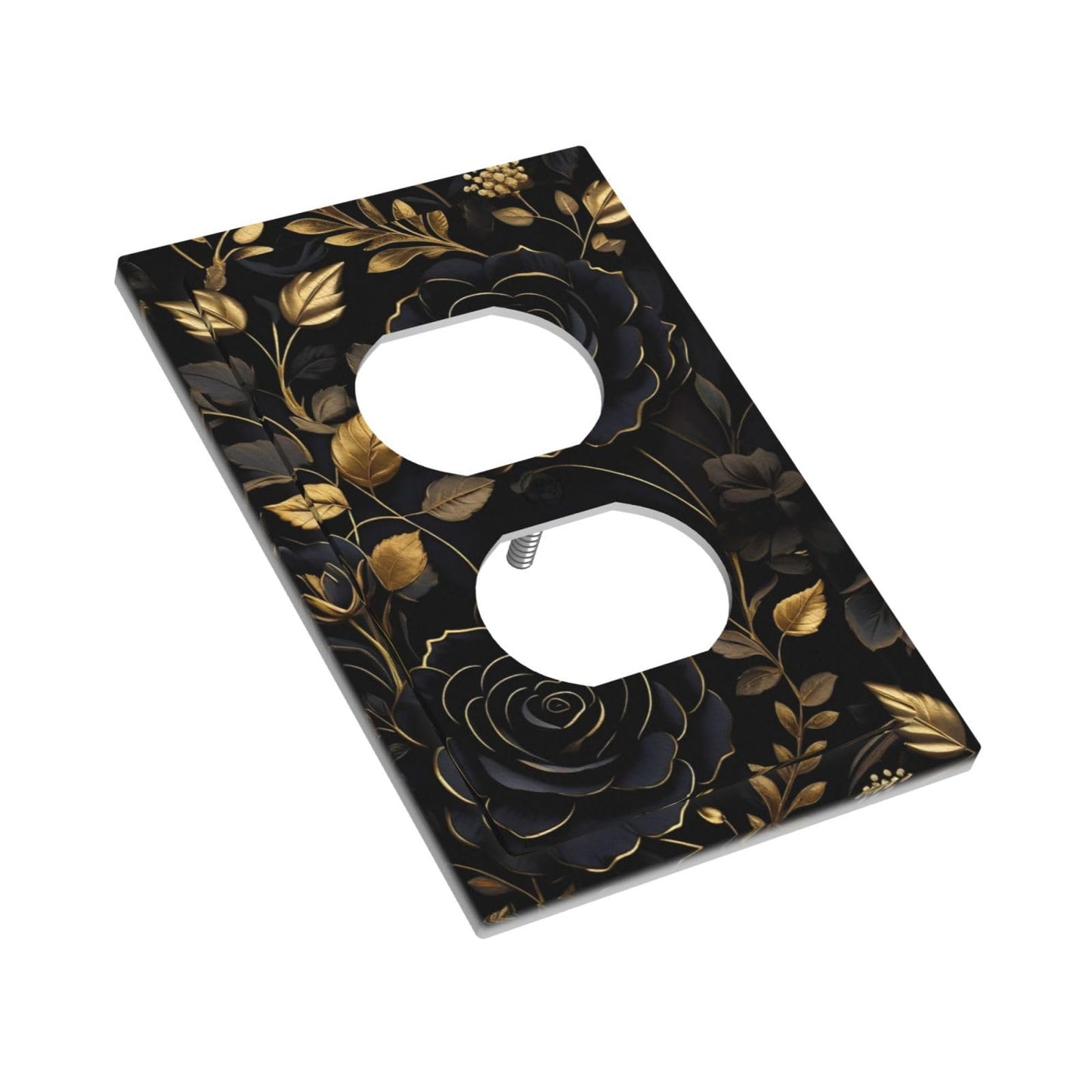 WMHUSU Decorative Outlet Covers Art Big Black Flowers Golden Leaves 1 Gang Wall Plate Receptacle Duplex Light Switch Cover Plate Single Dual Plug Covers Electrical Switchplate Faceplate (2 Pack)