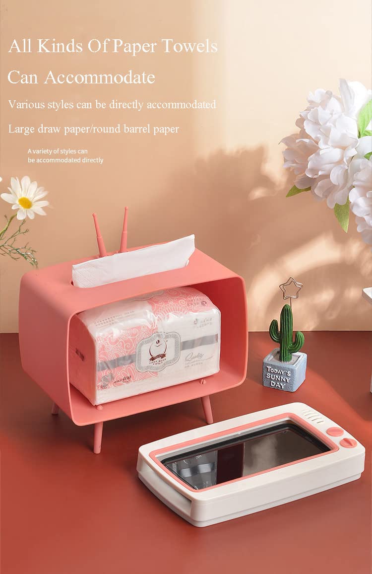 CQUUKOI Fun Cute TV Tissue Box Holder,Multi Functional Square Tissue Box Cell Phone Holder for All Smartphone Toilet Paper Napkin Box Desktop Decoration for Room Bathroom Kitchen Dining (Pink)