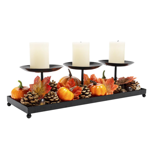 flangairy 3 Pillar Black Metal Candle Holders for Table Centerpiece, Fall Thanksgiving & Halloween Dining Table, Fireplace Mantel Decor, Tray Candlestick for Living Room Rustic Decorations