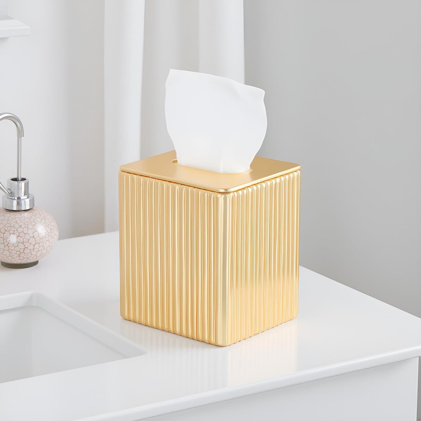 Gold Tissue Box Cover Holder, Square PU Leather Decorative Organizer for Home, Office, Bathroom, Tabletop