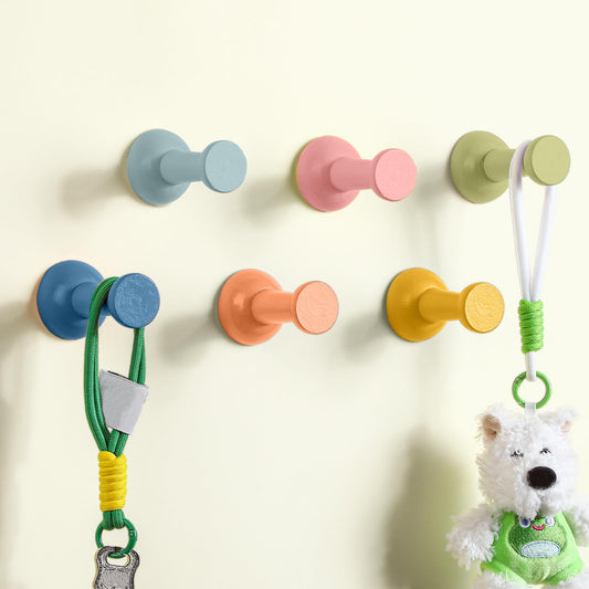 Otoolling 6 Pack Cute Wall Coat Hooks Colorful Wood Adhesive Coat Hanger Pushpin Shape Nordic Decorative Hooks for Classroom Bedroom Nursery Keys Hats Hanging Rack(Bohemia,Pushpin)