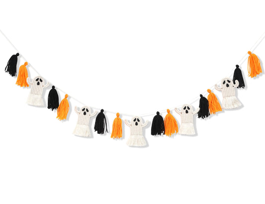 Halloween Ghosts Garland - Macrame Halloween Decor, Halloween Party Decor, Halloween Ghosts Hanging Decorations, Halloween Ghosts Tassel Banner Decor