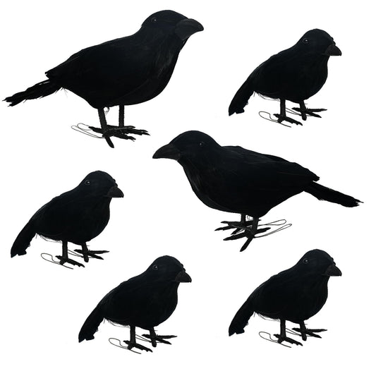 NEROSUN 6 Pack Halloween Black Feathered Crows, 5.7" & 8.7" Realistic Feathered Black Birds Raven, Halloween Decoration for Indoor Outdoor Home Yard Garden Party Decor