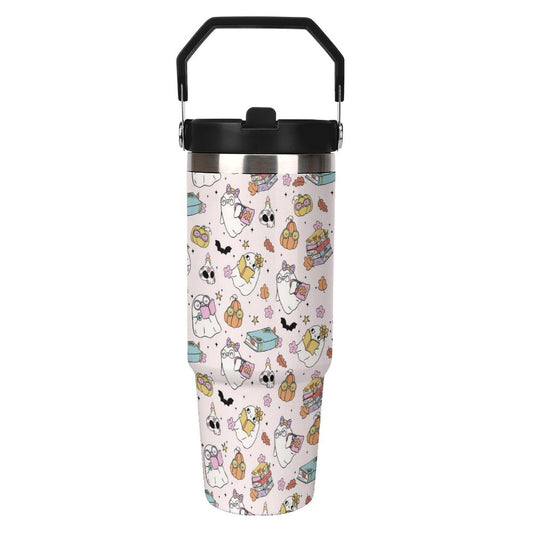 TOUNHEYA Halloween Tumbler with Handle Flip Straw Pink 30oz Insulated Stainless Steel Cup Ghost Reading Book Travel Coffee Mug Water Bottle for Women