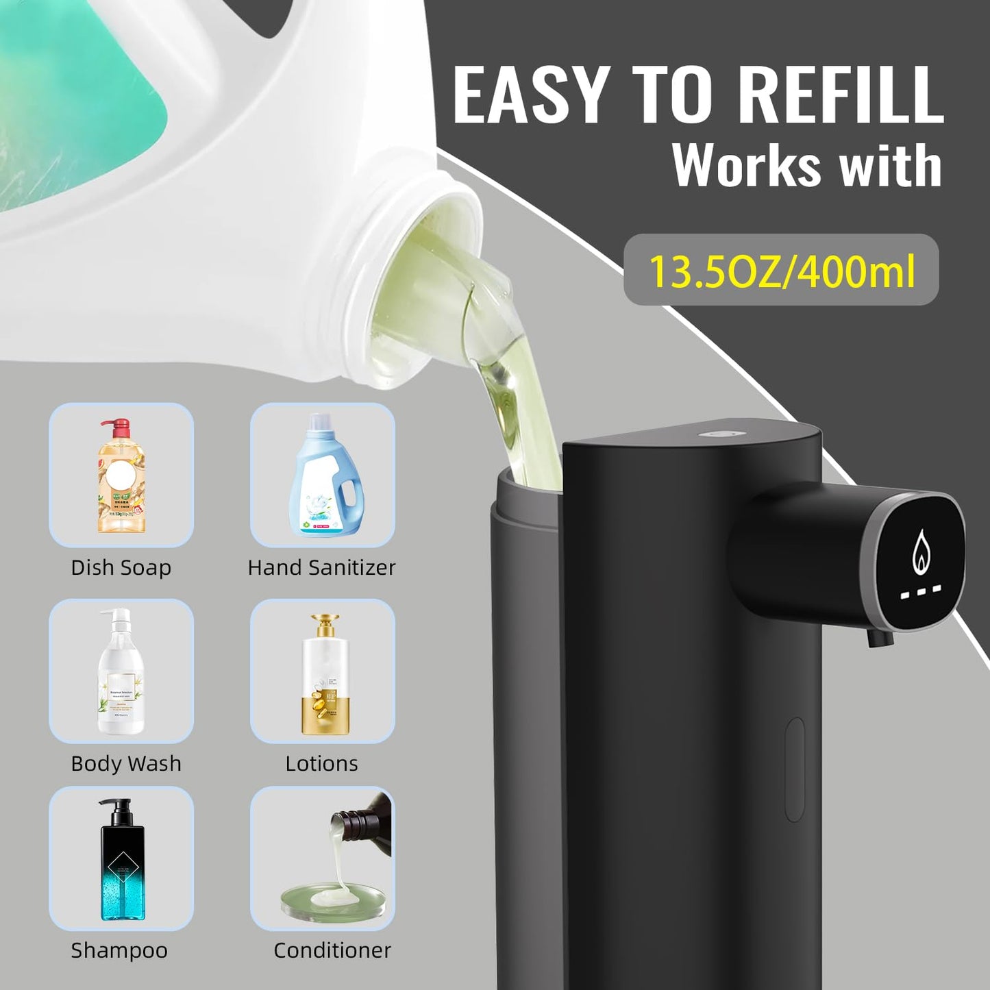 Automatic Liquid Soap Dispenser Touchless, USB Rechargeable Smart Hand Soap Dispenser, 13.5oz/400ml, 3-Level Adjustable, Compatible with Thick Thin Dish Soap for Bathroom Kitchen, Clog-Free (Black)