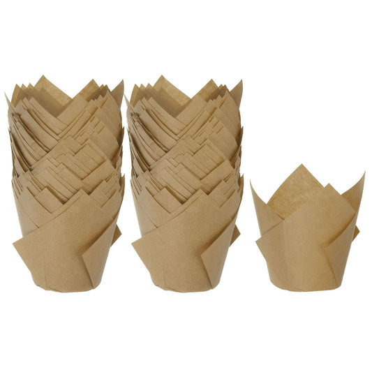 HARFINGTON 100Pcs Tulip Cupcake Liners Standard Paper Baking Cups Greaseproof Wrappers Disposable for Birthday Banquets Party, Natural