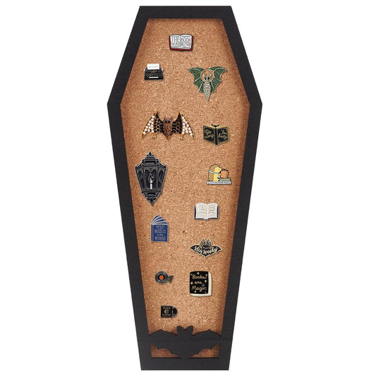 BENECREAT Coffin Bat Pin Board Cork Board, 11.2x4.7inch Bulletin Display Board Wall Mounted Cork Board with Black Frame for Brooch Pin Display, Home School Halloween Decor