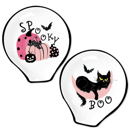 Whaline 2Pcs 4.7inch Halloween Ceramic Spoon Rest Pink Pumpkin Black Cat Small Coffee Spoon Holder for Home Coffee Station Bar Accessories