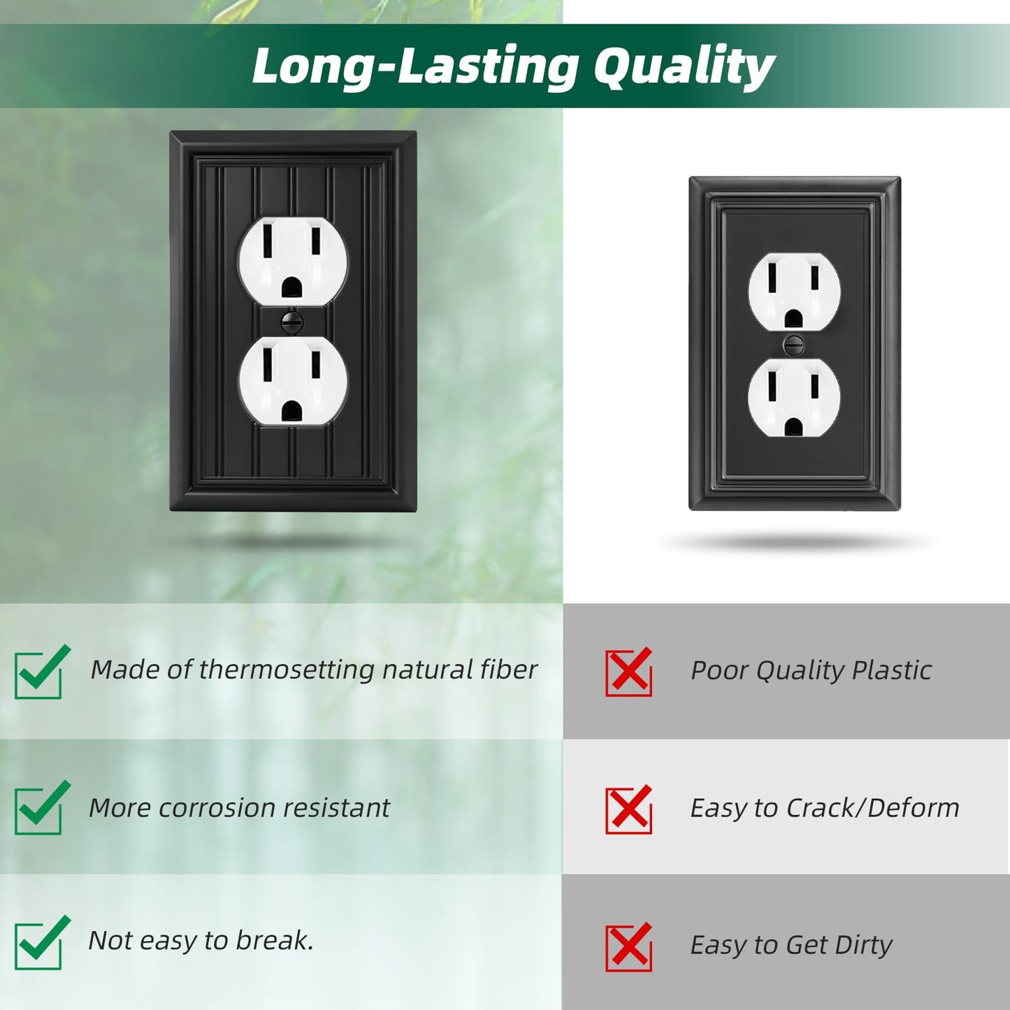 Classic Matte Black Natural Material Duplex Receptacle Cover, Light Switch Cover, Outlet Cover Wall Plates Decorative Switch Plates and Outlet Covers for Electrical Outlets (4-Pack)