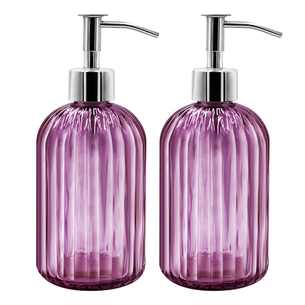 2 Pack Glass Soap Dispenser with Pump, 400ml Liquid Soap Dispenser for Soap, Shampoo and Lotion Refill for Kitchen, Bathroom, Laundry (Purple)