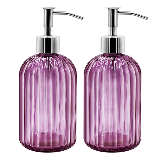 2 Pack Glass Soap Dispenser with Pump, 400ml Liquid Soap Dispenser for Soap, Shampoo and Lotion Refill for Kitchen, Bathroom, Laundry (Purple)
