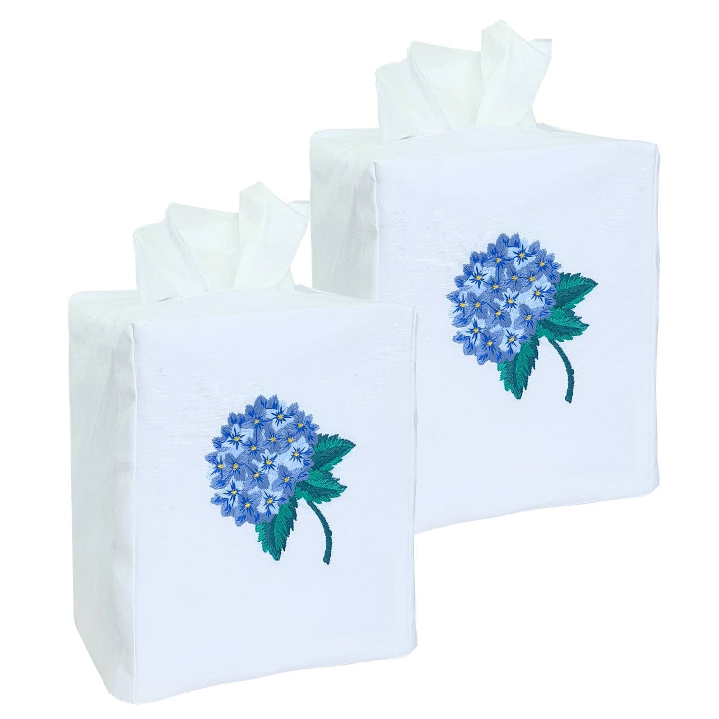 Fabric Tissue Box Cover Set of 2, Vintage Floral Embroidery Hydrangea Tissue Holder, Bouquet Wrapping Bag, Car Tissue Holder, Tissues Box Cover Square 4.5"X4.5"X5.5", White Square Tissue Box Cover