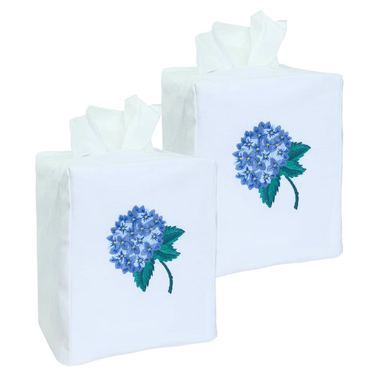 Fabric Tissue Box Cover Set of 2, Vintage Floral Embroidery Hydrangea Tissue Holder, Bouquet Wrapping Bag, Car Tissue Holder, Tissues Box Cover Square 4.5"X4.5"X5.5", White Square Tissue Box Cover