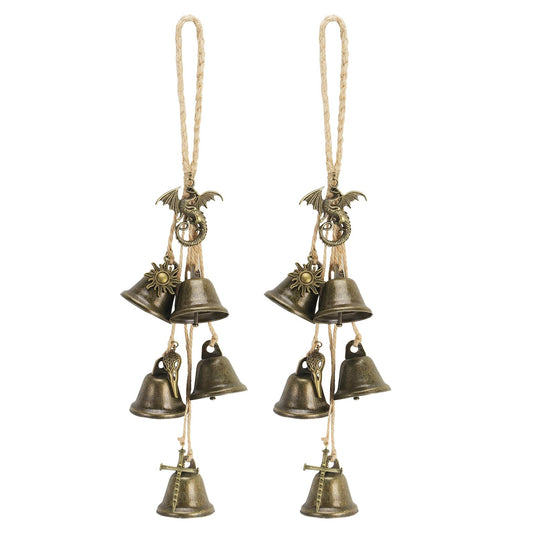 2 Pack Witch Bells Protection Door Hanger Witchy Kitchen Decor with Antique Bronze Dragon,Sun,Raven Skull&Cross Charms Vintage Hanging Bells for Wiccan Altar