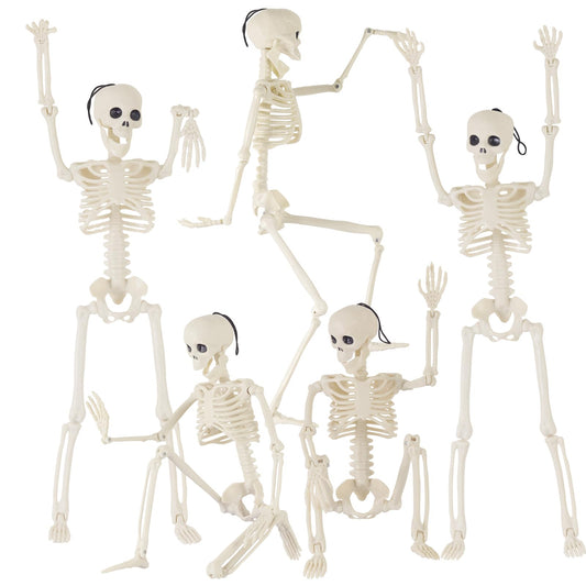 Feir 16" Skeletons Halloween Decorations – 5PCS Posable Full Body Skeletons with Movable Joints, Realistic Props for Outdoor Yard, Haunted House, Party & Indoor Halloween Decor