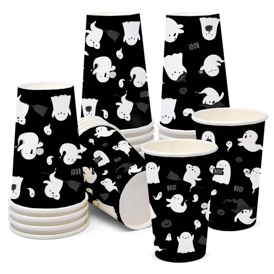 AIBIIN 50 PCS Halloween Party Paper Cups 16 oz Black White Ghost Coffee Cups Cute Halloween Disposable Cold Hot Chocolate Paper Coffee Cup Decorations Boo Ghost Table Party Supplies Decorations