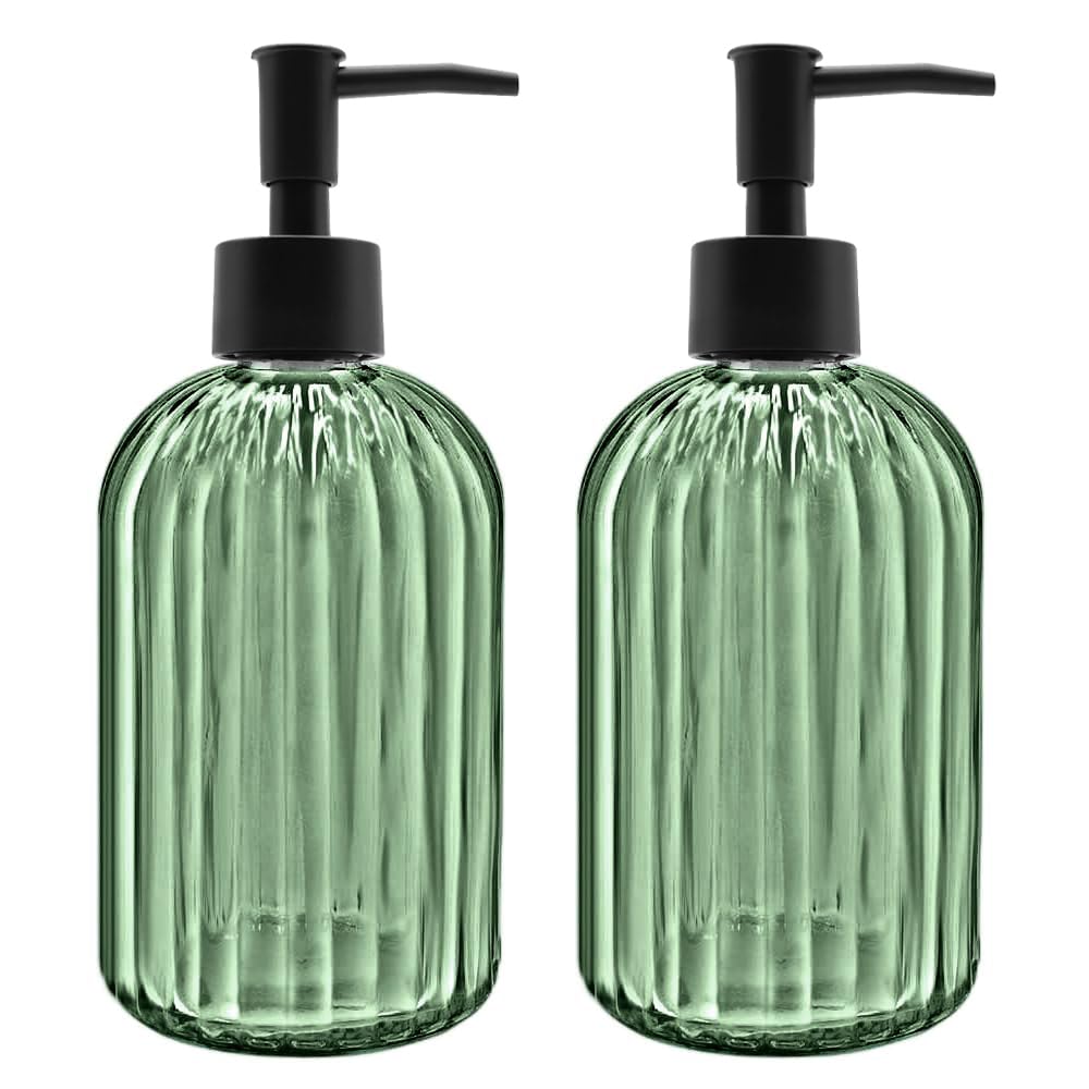 2 Pack 14oz Glass Soap Dispenser with Black Pump – Refillable for Hand Soap, Dish Soap, Lotion, Suited for Kitchen, Bathroom & Laundry Room(Olive Green)