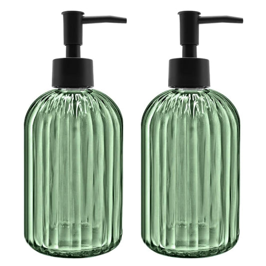 2 Pack 14oz Glass Soap Dispenser with Black Pump – Refillable for Hand Soap, Dish Soap, Lotion, Suited for Kitchen, Bathroom & Laundry Room(Olive Green)