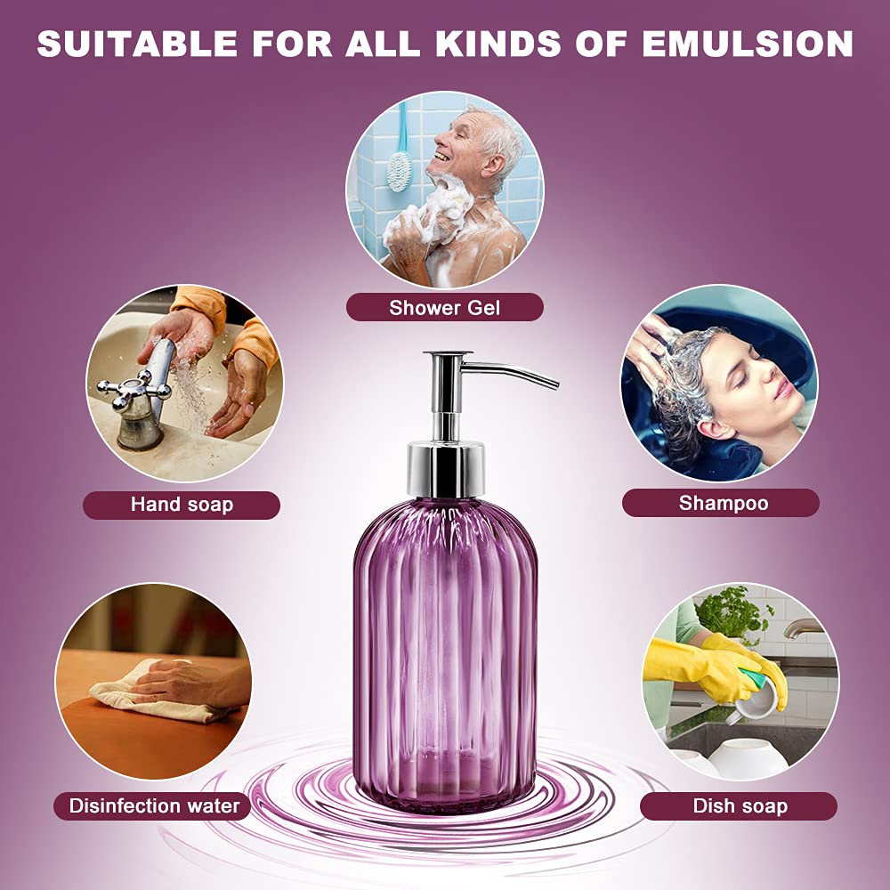 2 Pack Glass Soap Dispenser with Pump, 400ml Liquid Soap Dispenser for Soap, Shampoo and Lotion Refill for Kitchen, Bathroom, Laundry (Purple)