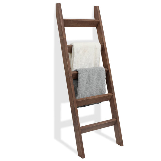 FUIN 5ft (58") Wood Blanket Ladder Living Room Decorative Wall Leaning Farmhouse Quilt Display Holder Storage Rustic Wooden Towel Rack for Bathroom, Brown