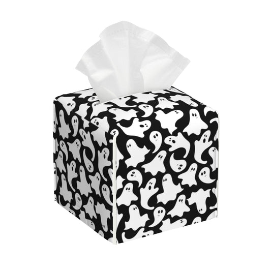 POIUBLE Cute Ghosts Tissue Box Cover Halloween Leather Tissue Box Holder Square Facial Paper Organizer Dispenser for Bathroom Kitchen Bedroom Vanity Countertop Night Stands