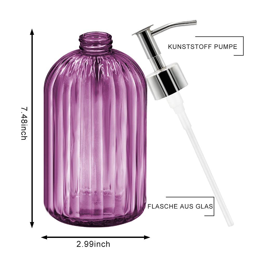 2 Pack Glass Soap Dispenser with Pump, 400ml Liquid Soap Dispenser for Soap, Shampoo and Lotion Refill for Kitchen, Bathroom, Laundry (Purple)