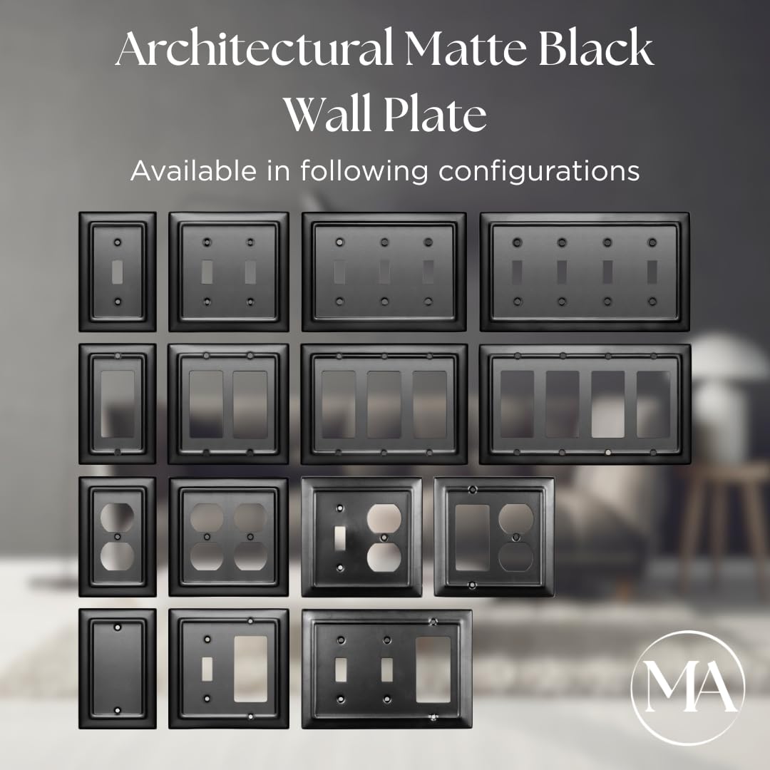 Monarch Abode Single Toggle Light Switch Cover Plate – 1-Gang Matte Black Outlet Covers, Architectural Decorative Outlet Cover Wall Plates, Light Switch Plate Covers for Electrical Outlets, Pack of 2