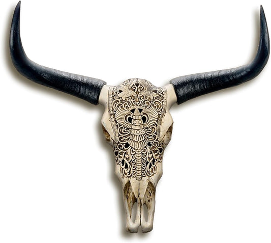 XOUXYJUN Long Horn Cow Skull, Cow Skull Wall Hanging Decor,Wall Hanging Faux Longhorn Skull Faux Taxidermy Animal Head, Handmade Decor Home Sculpture Faux Bull Horns for Wall 27″*26″*10″ (White)